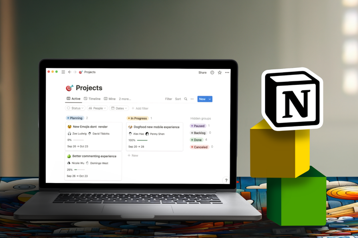 Laptop displaying a project management tool, with a Notion icon overlay.