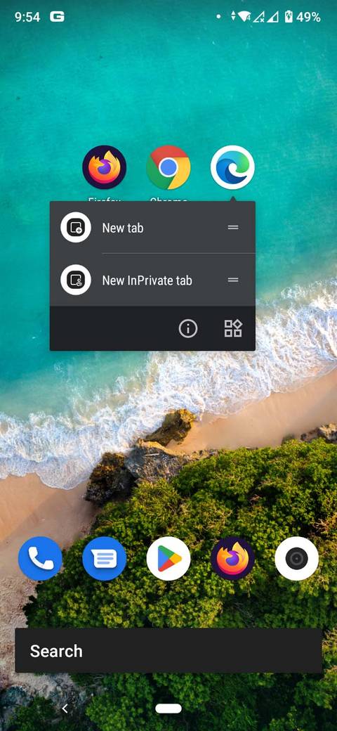Opciones de menú de pulsación larga para Edge en Android