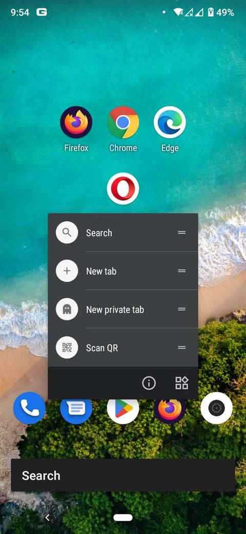 Opciones de menú de pulsación larga para Opera en Android