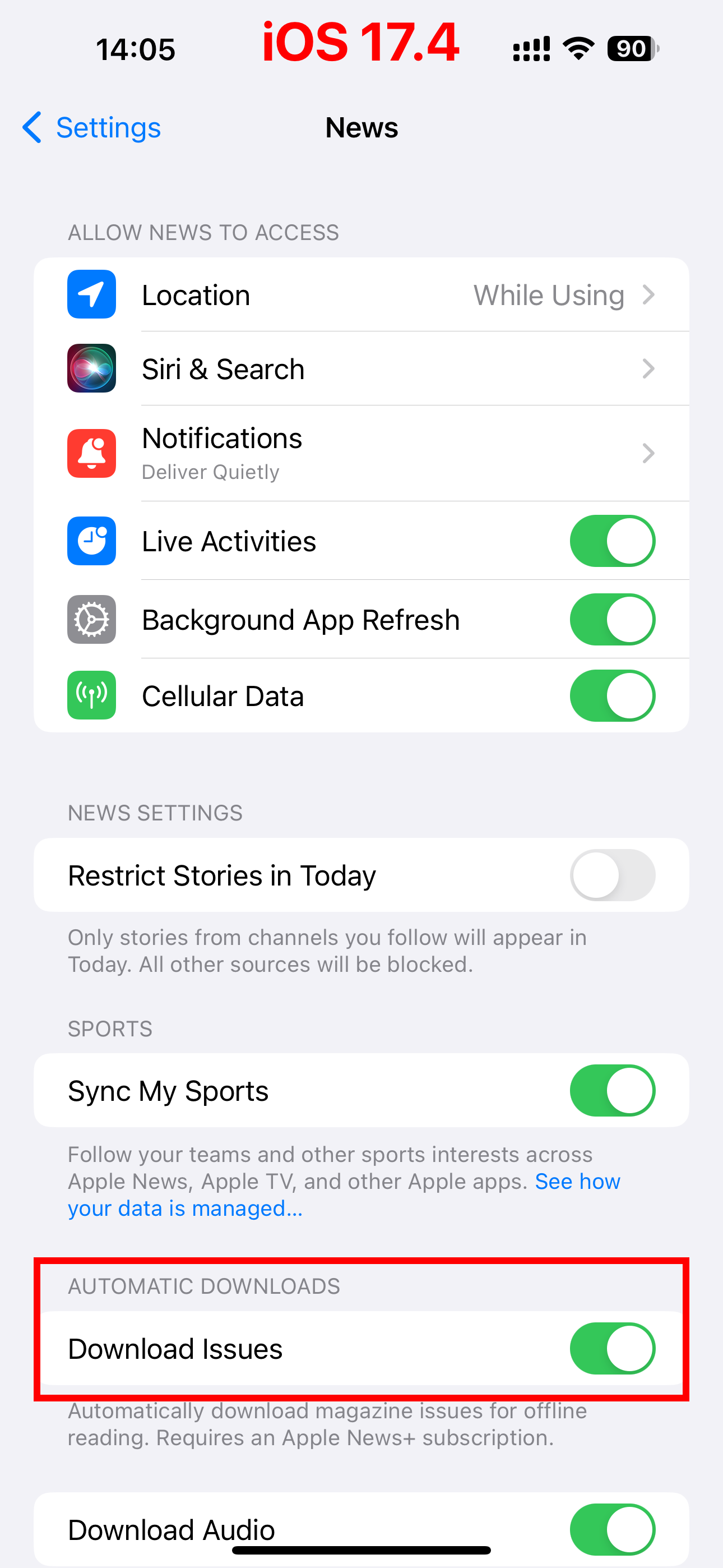 Apple News app settings on iPhone in iOS 17.4, with the Automatic Downloads section highlighted.