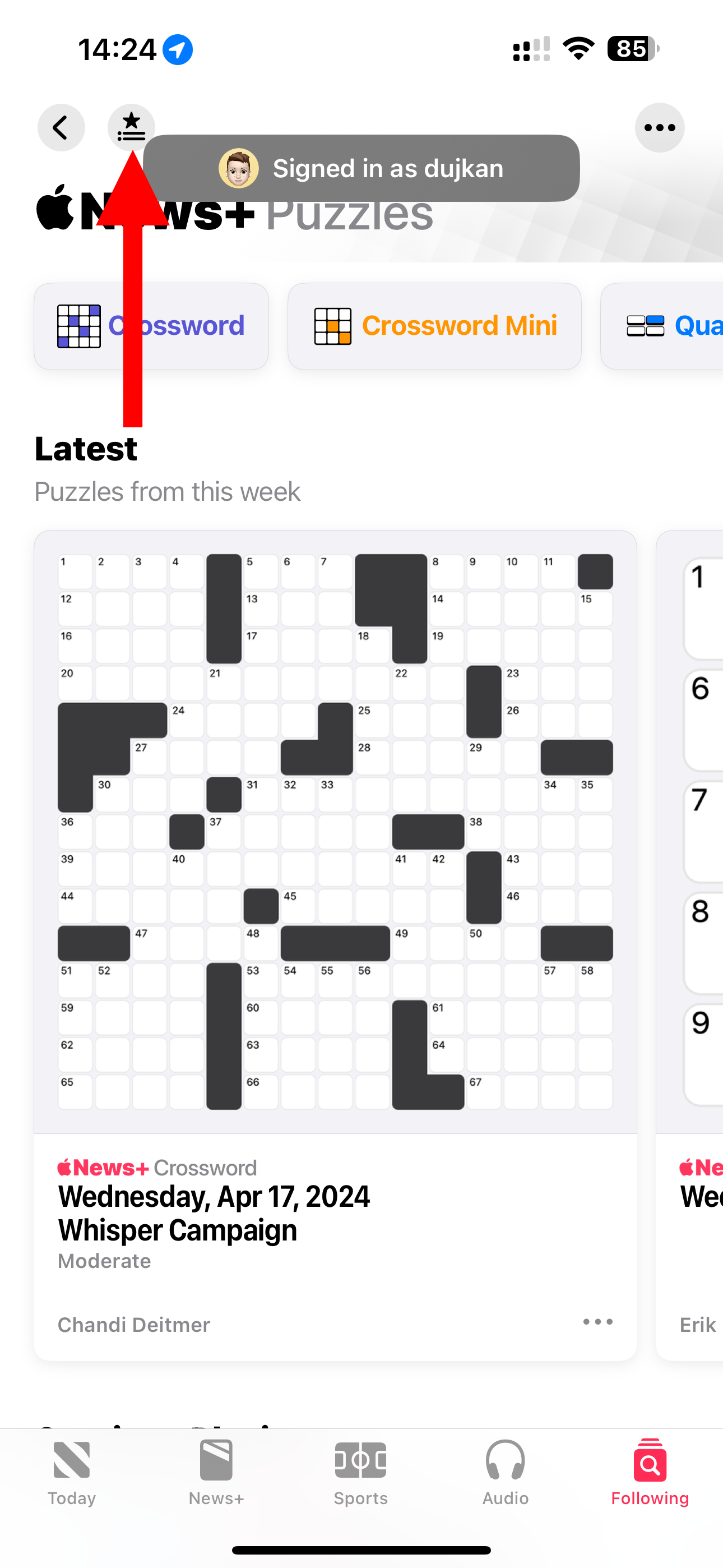 The Puzzles section in the iPhone's News app, with the Game Center icon highlighted.