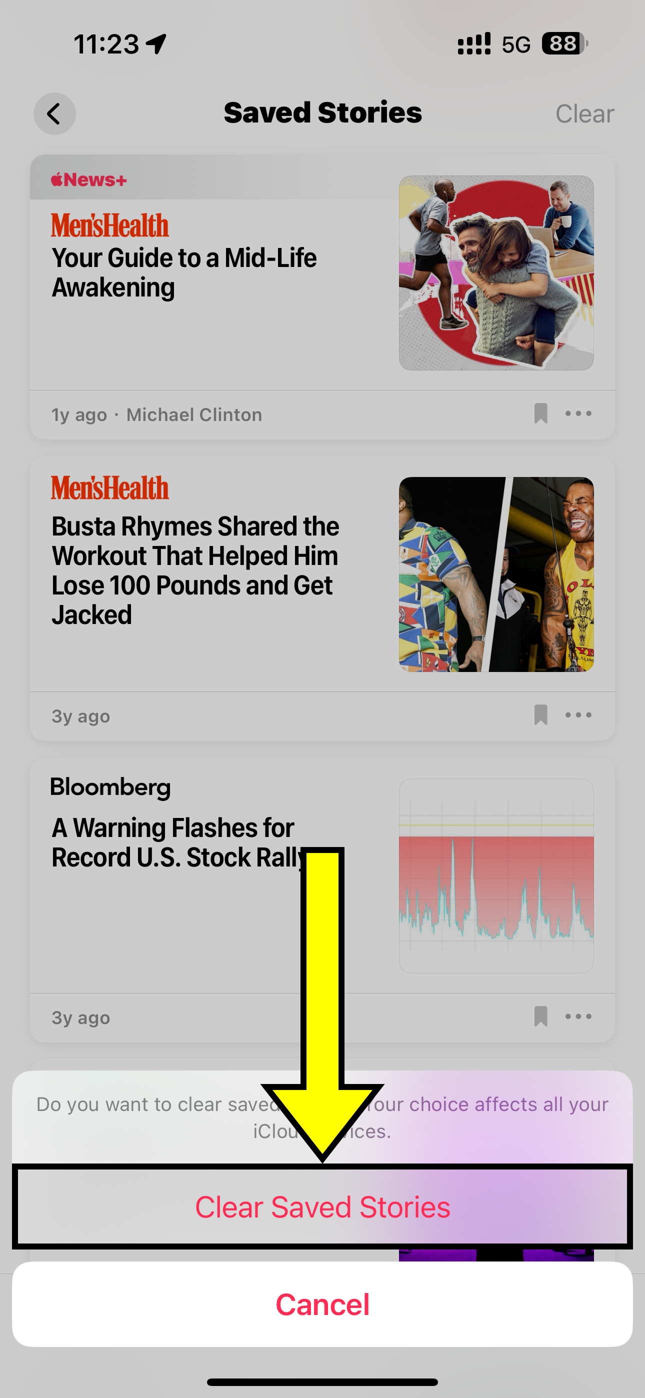 Apple News app on iPhone displaying a confirmation prompt to clear saved stories.