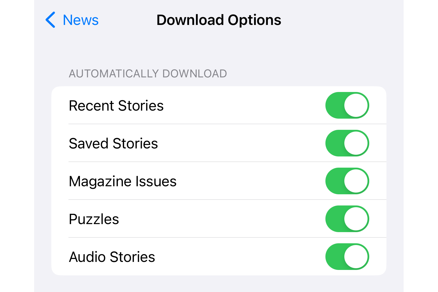 Apple News app settings on iPhone in iOS 17.5 with all offline items in the Download Options section enabled.