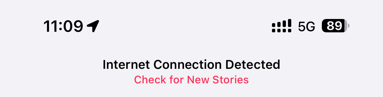 Offline status bar in Apple's News app on iPhone displaying a Check for New Stories link.