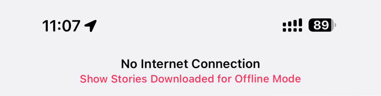Offline status bar in Apple's News app on iPhone displaying a Show Downloaded Stories link.