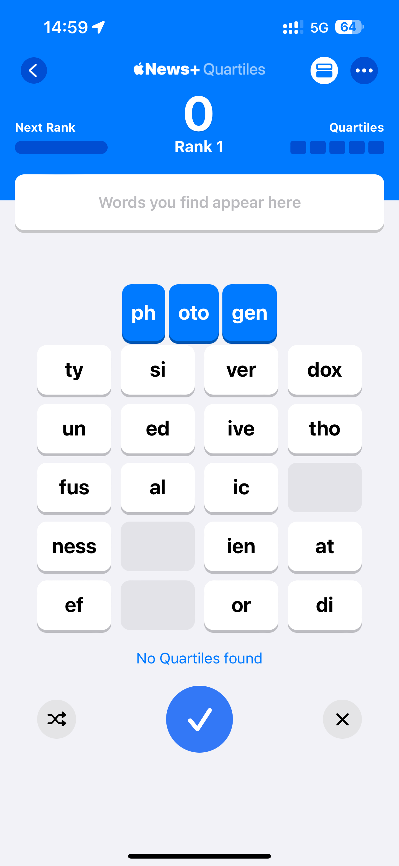 Apple iOS 17.5 News App Quartiles Game Three Word Tiles Selected