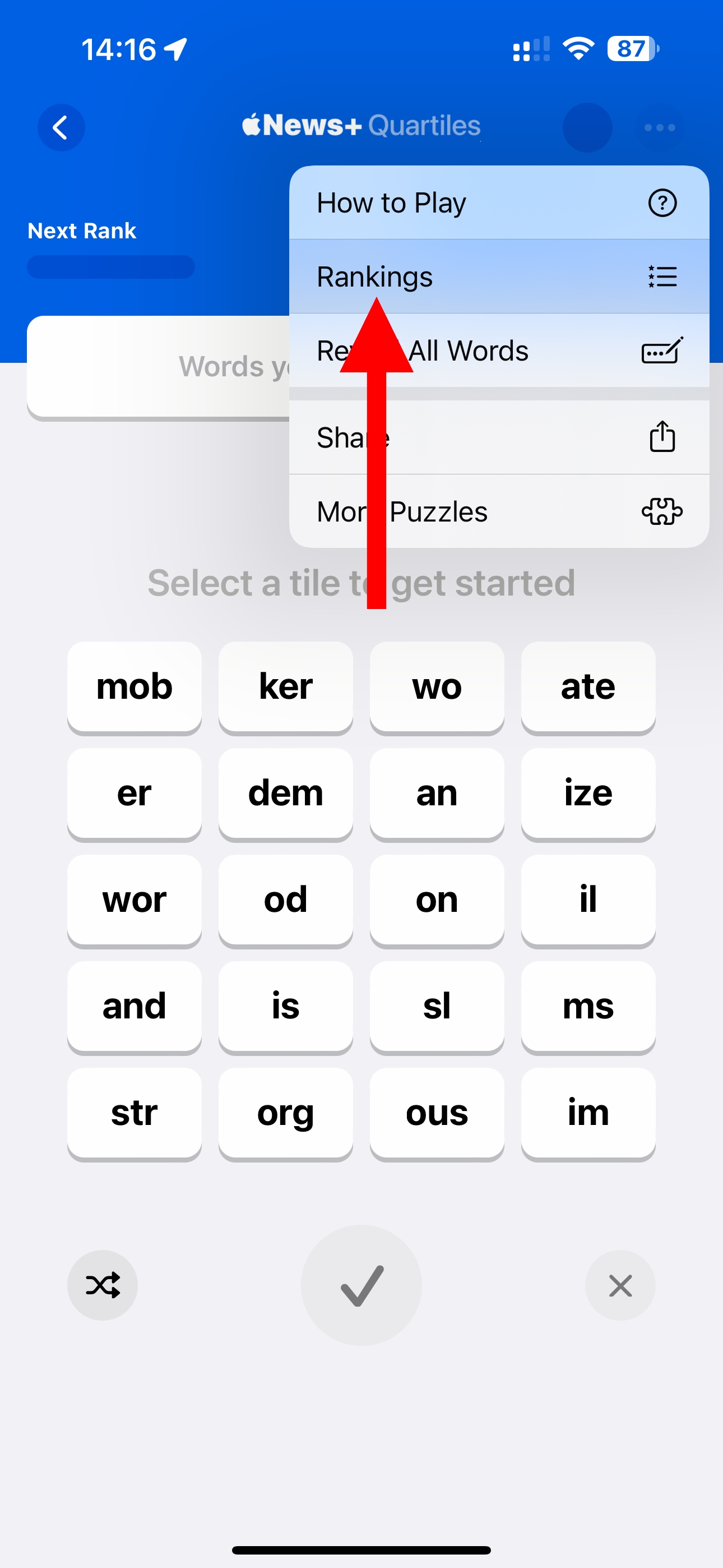 Choosing the Rankings option from the contextual menu while playing Quartiles in the News app on iPhone.