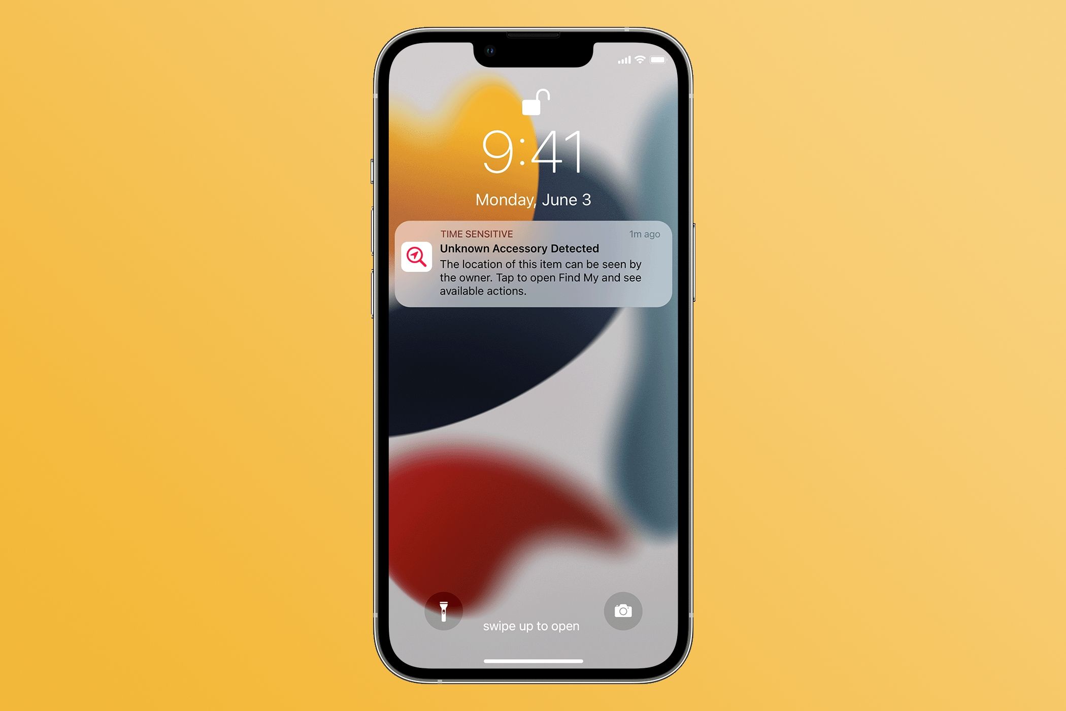 Time-sensitive notification on iPhone Lock Screen warning the user about an unknown tracker
