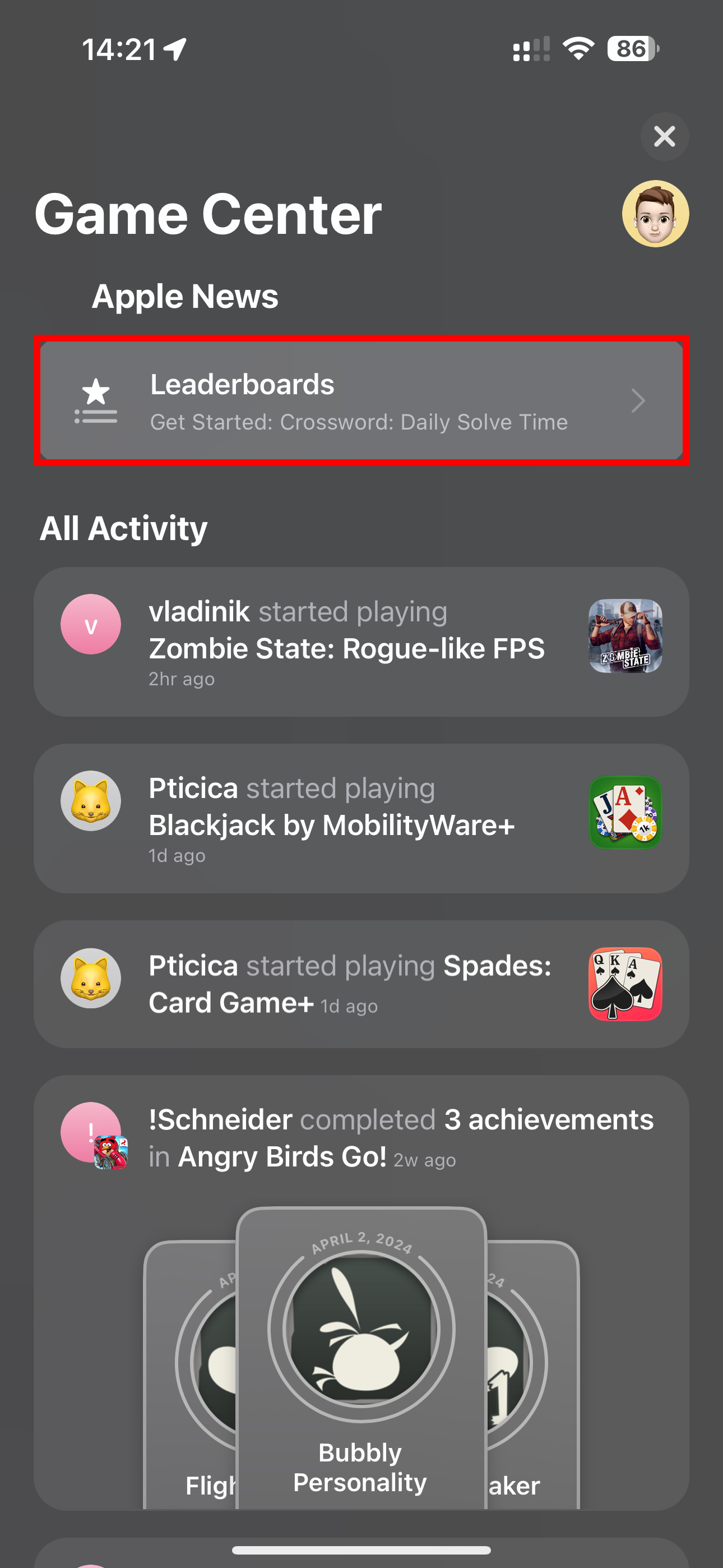 Game Center on iPhone with the Apple News section highlighted.