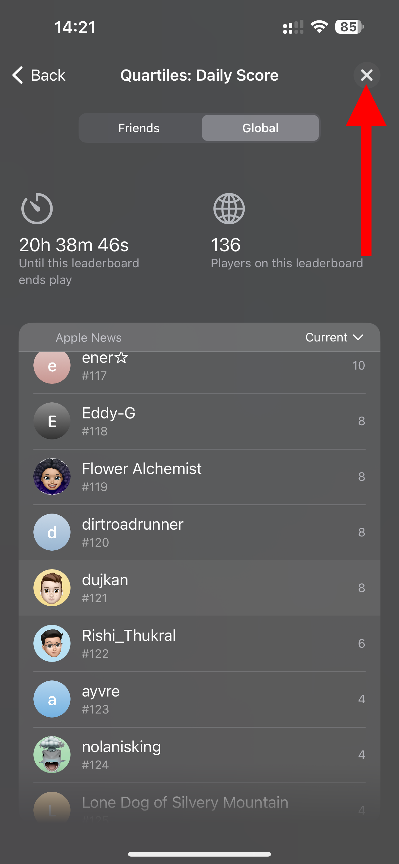 Game Center on iPhone showcasing global daily leaderboards for the Quartiles word game