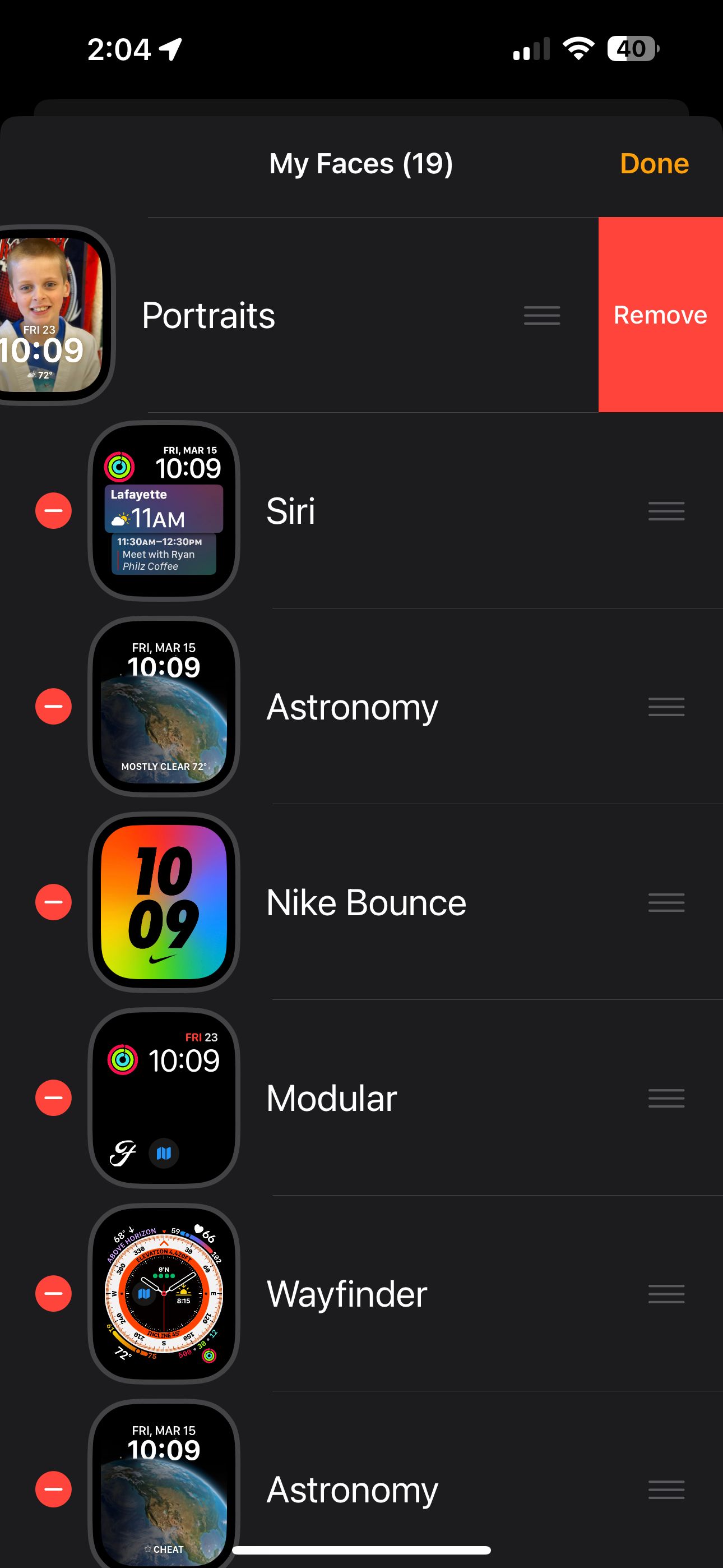 Apple Watch app my faces edit delete face list