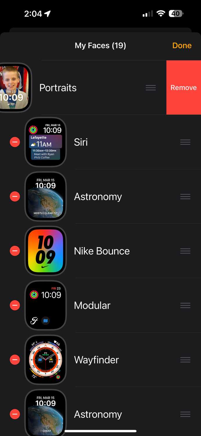 Apple Watch app my faces edit delete face list