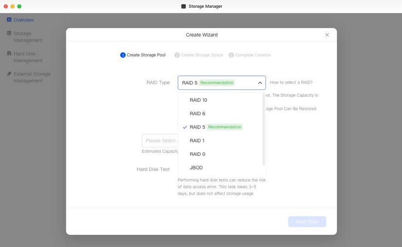 صفحهٔ تنظیم RAID Ugreen DXP4800 Plus