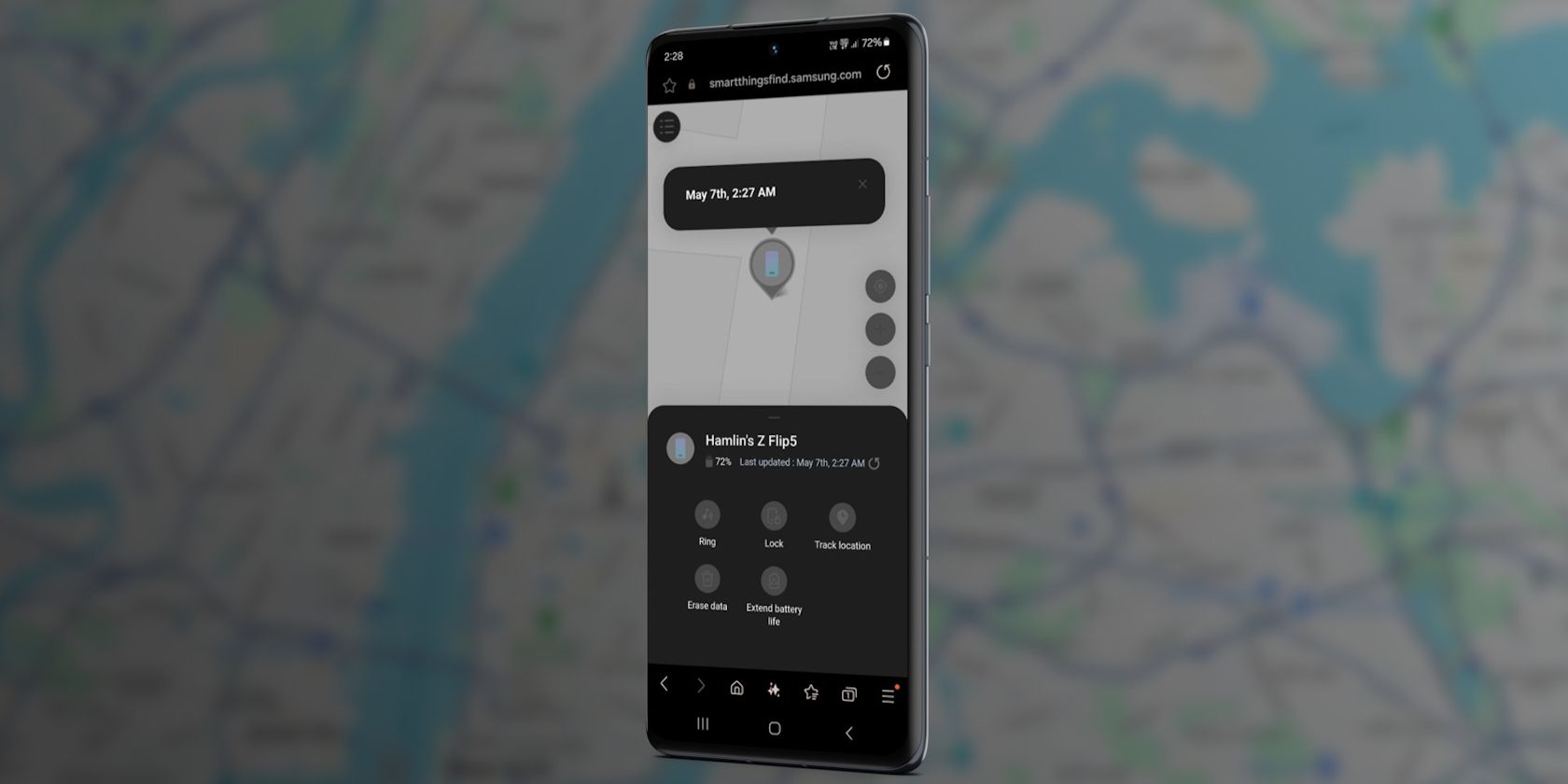 Android phone showing the Samsung SmartThings Find website with Google Maps in the background