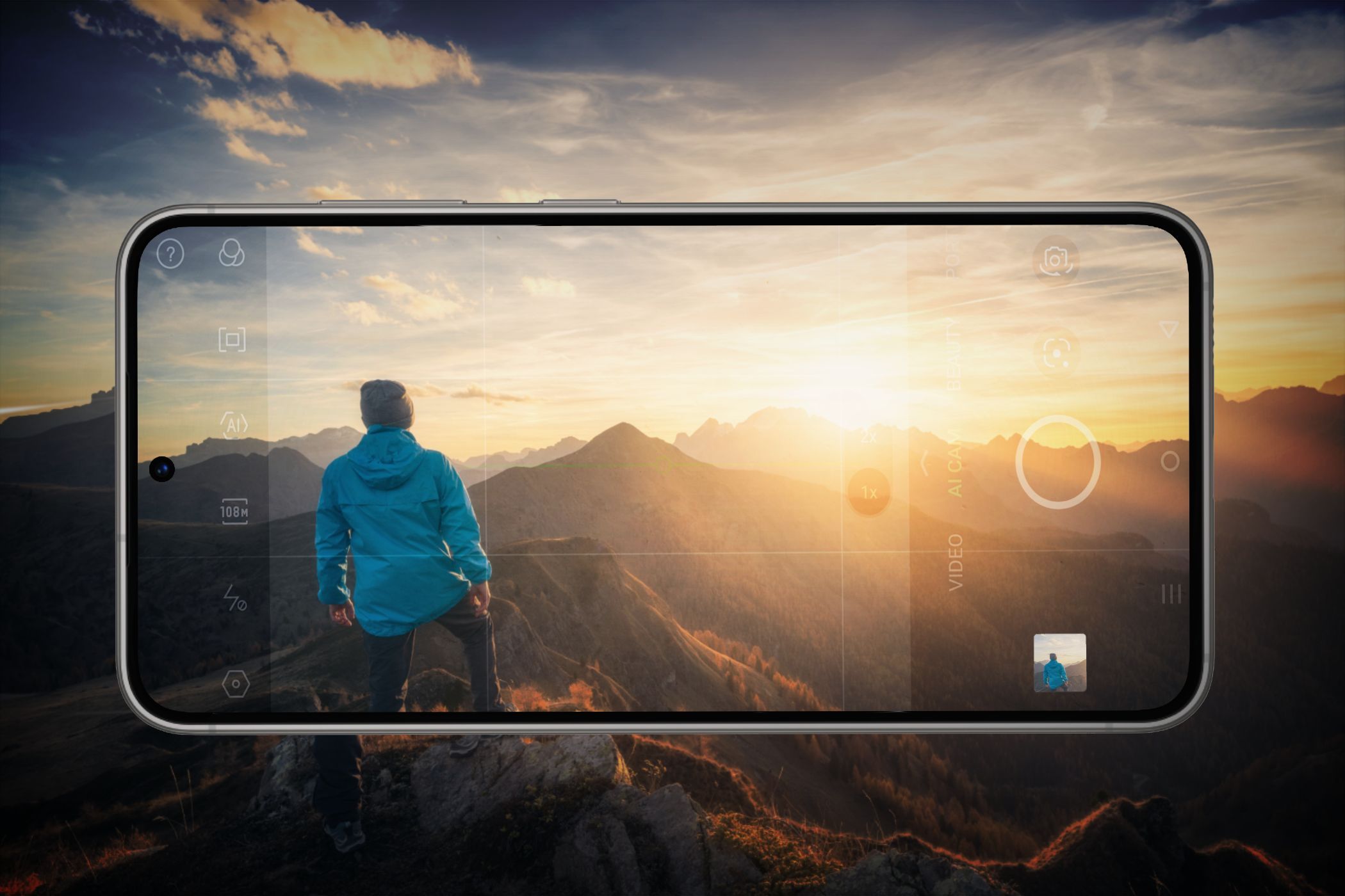 A smartphone captures a person on a mountain at sunset, blending reality with digital photography.