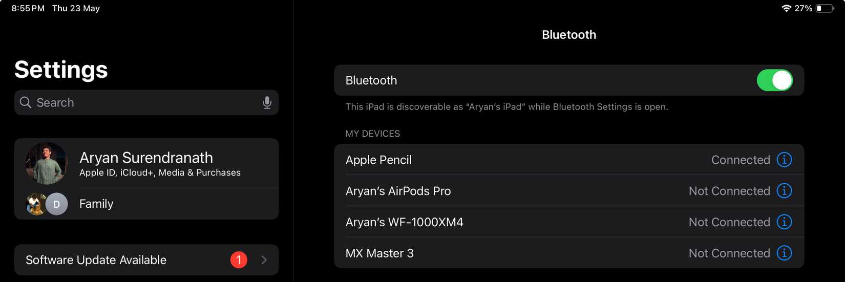 Settings App on iPad showing bluetooth settings