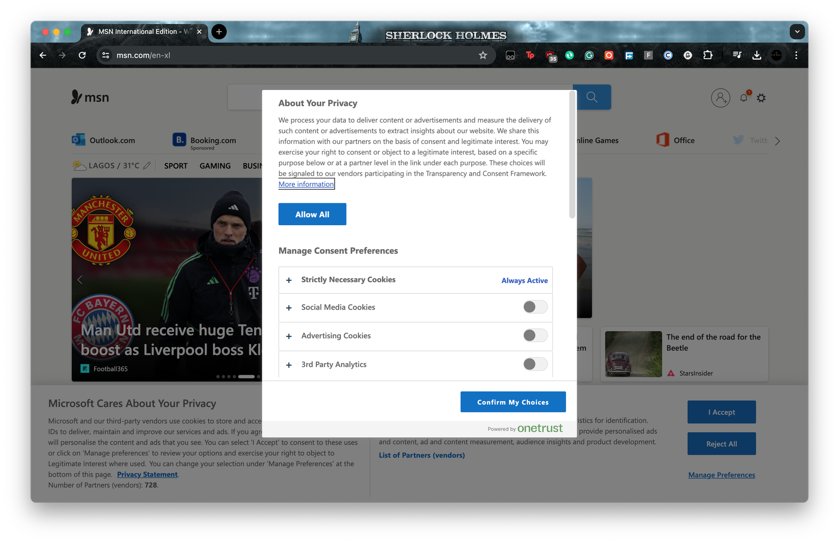 Preferencias de ventanas emergentes de cookies en MSN.com