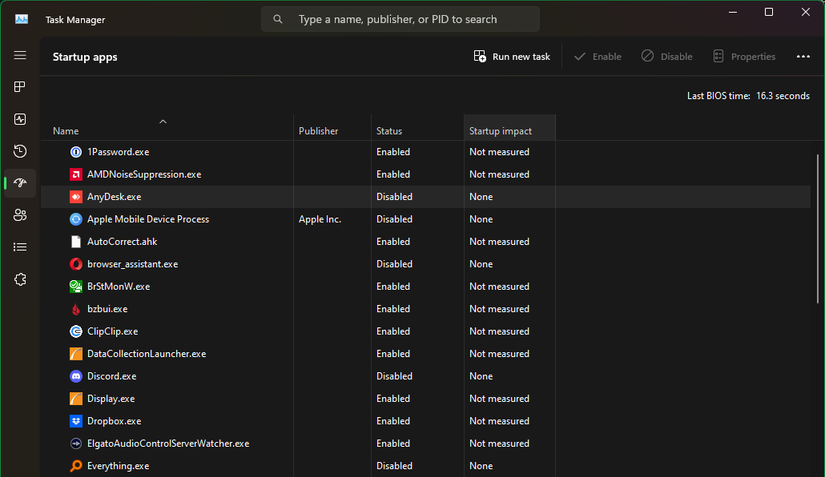 Task Manager Startup Apps List