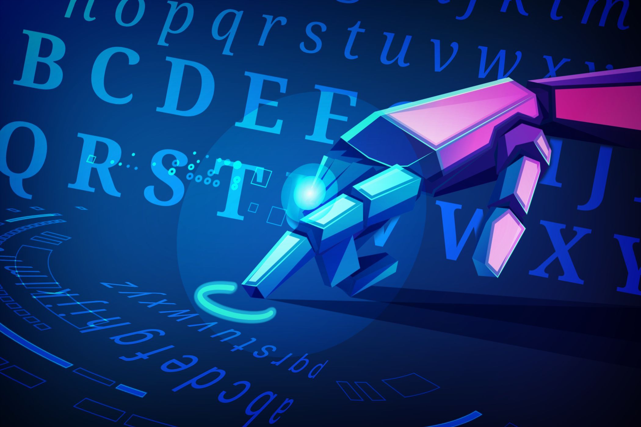 A robotic hand interacting with digital letters and symbols, representing AI or technology-enhanced communication and data processing.