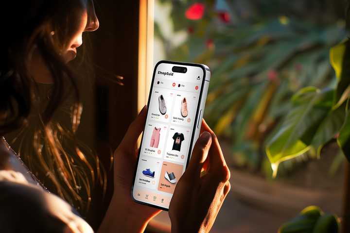A person using an Iphone displaying an online shopping interface