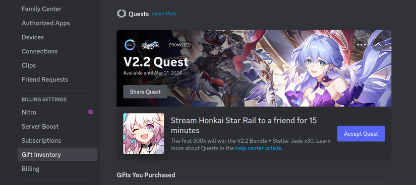 viewing currently available quests through the discord settings tab