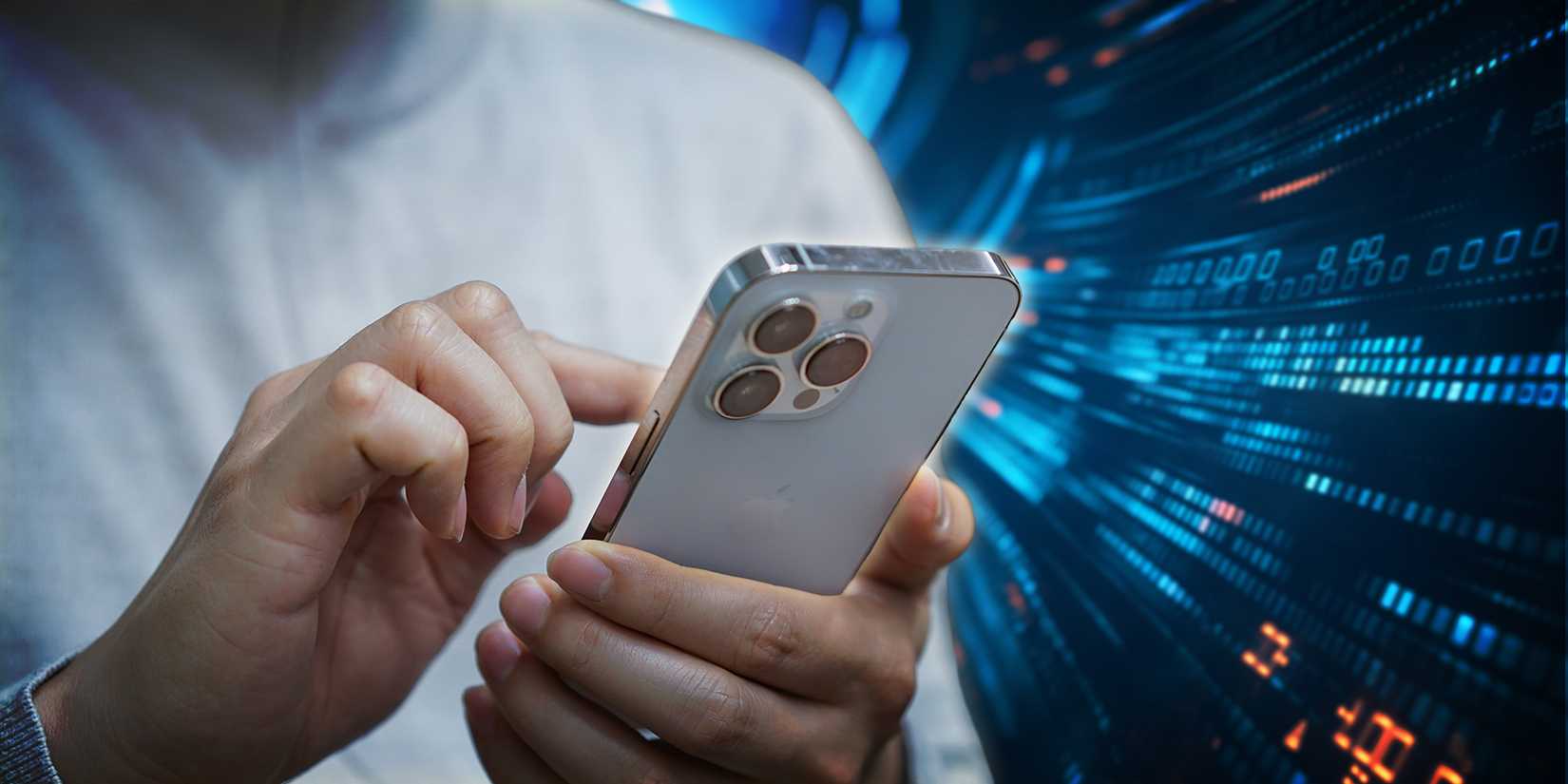 A man holding an iphone with a techy background