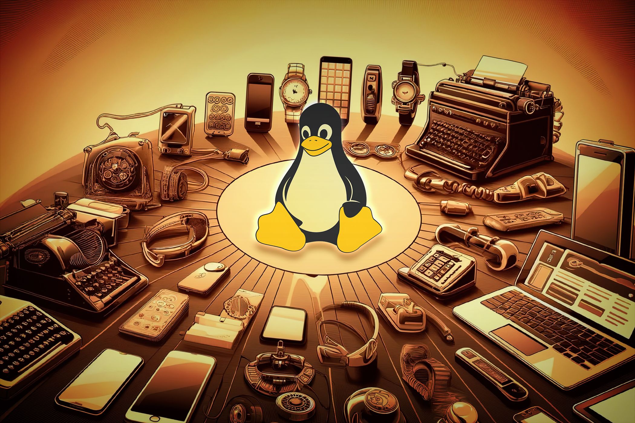 Linux penguin surrounded by various vintage and modern gadgets, symbolizing technological evolution and Linux's adaptability across different devices.