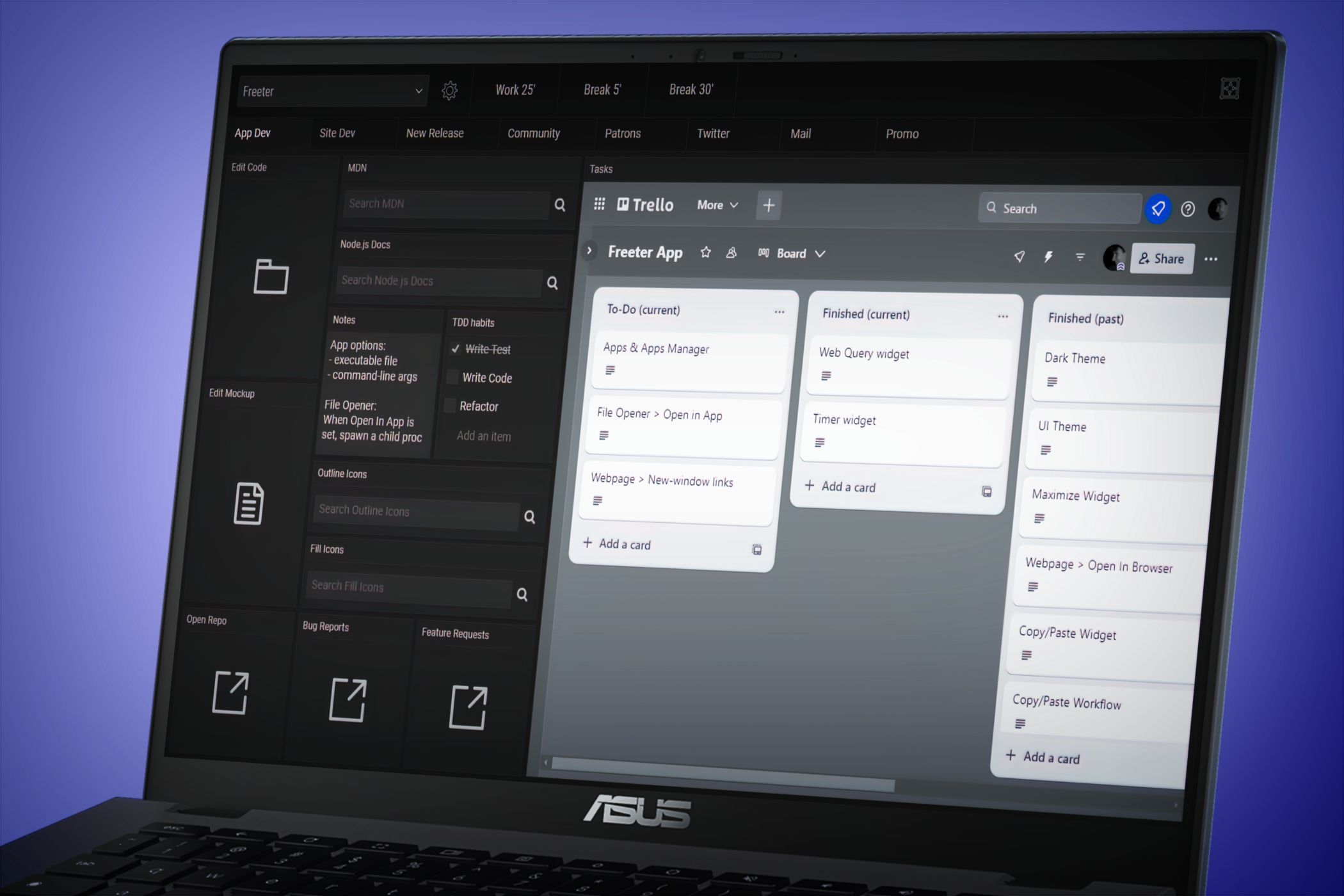 ASUS laptop screen displaying board for task management and productivity, emphasizing project organization and workflow planning.
