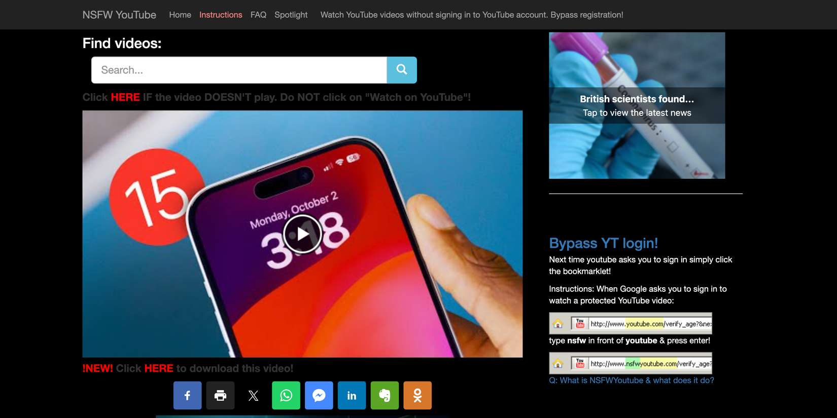 A video page in NSFW YouTube 