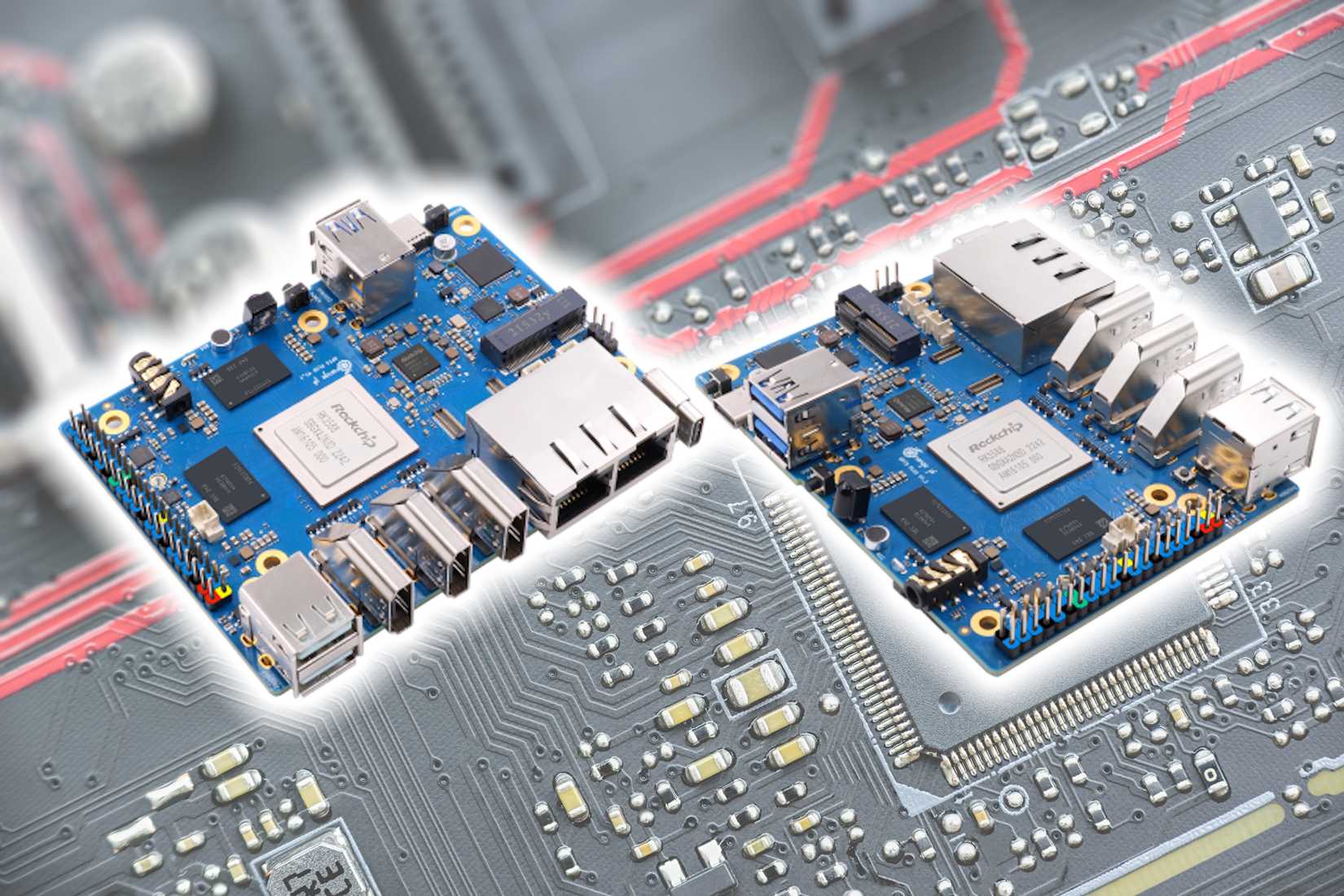 orange pi 5 plus side views with circuit board background