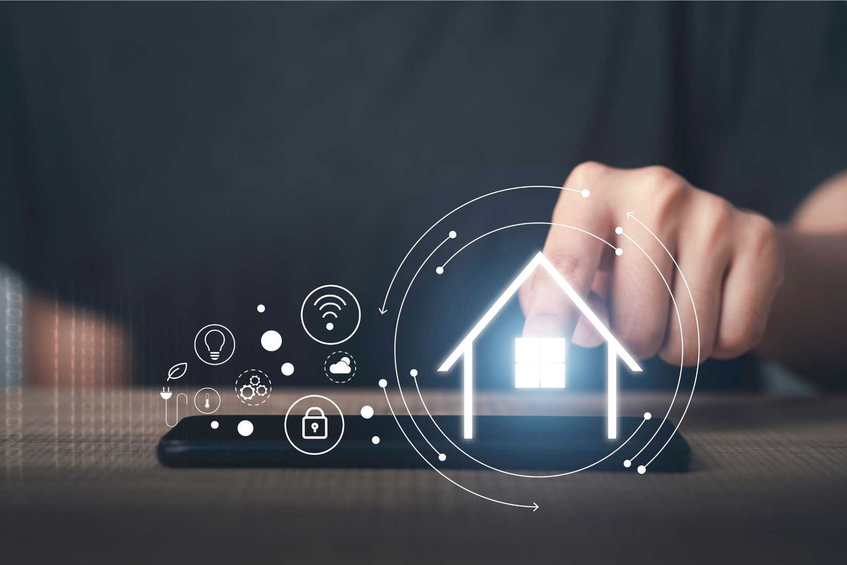 smart home technology icons over a  tablet