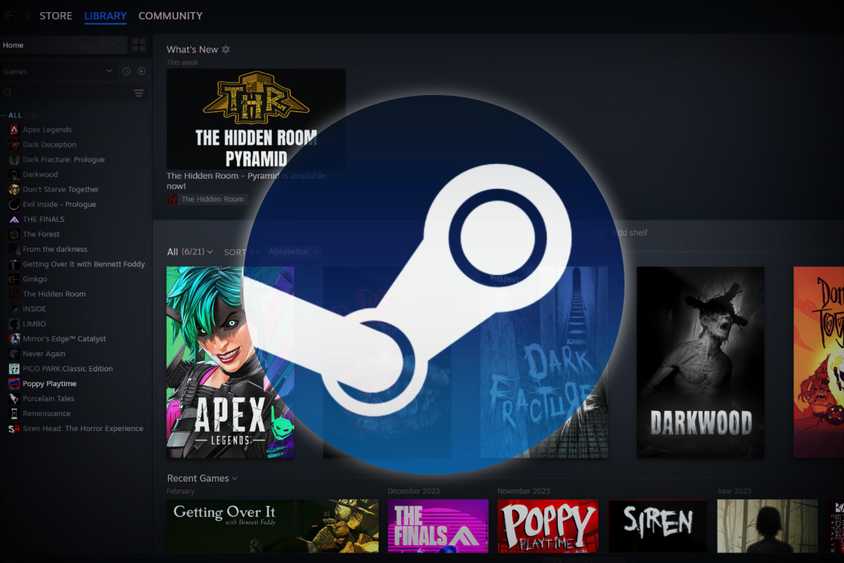 Steam logo overlaid on a game library screen, highlighting a diverse collection of video games available on the platform.