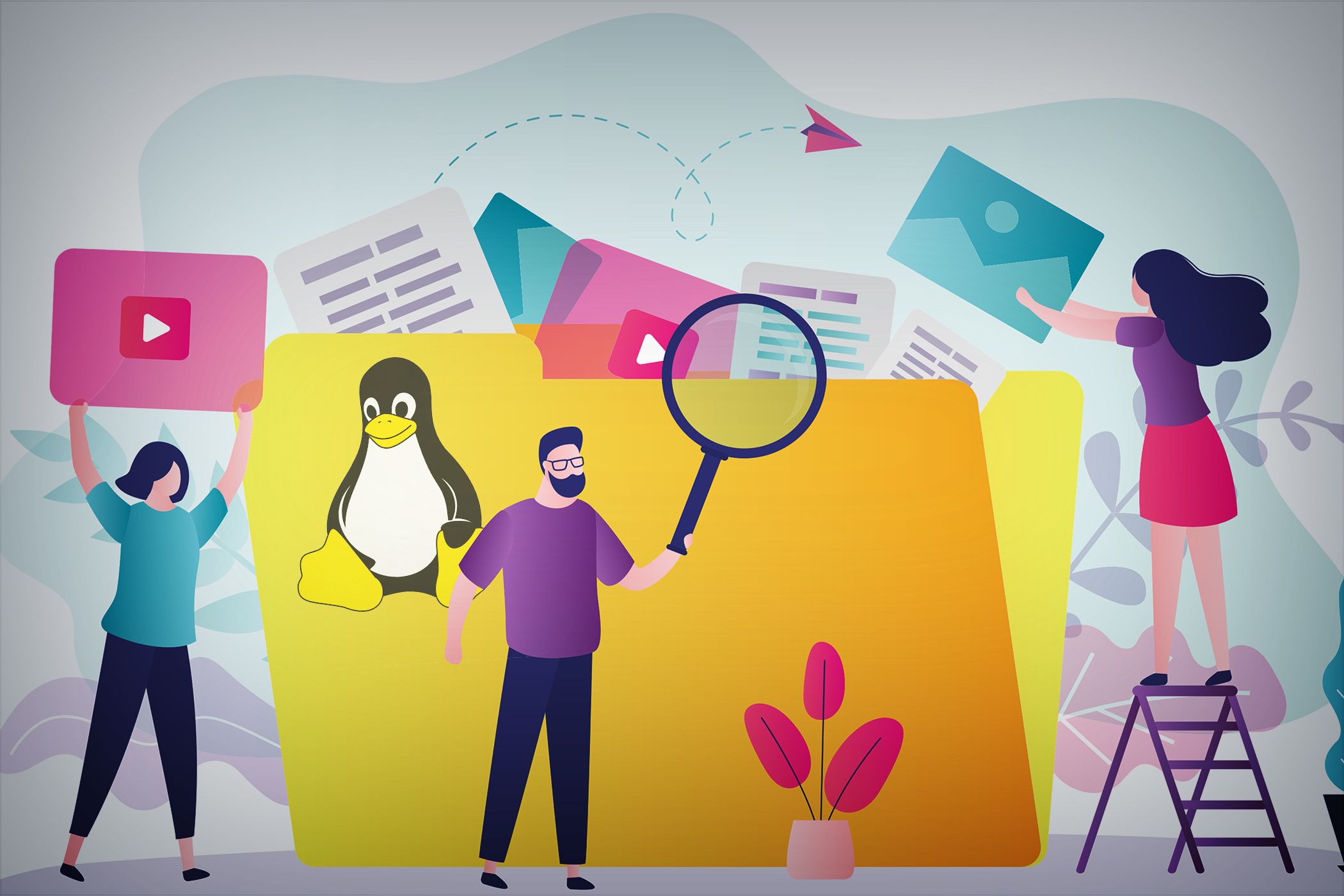 Illustration of people organizing digital files into a folder with the Linux penguin logo, symbolizing efficient file management and collaboration