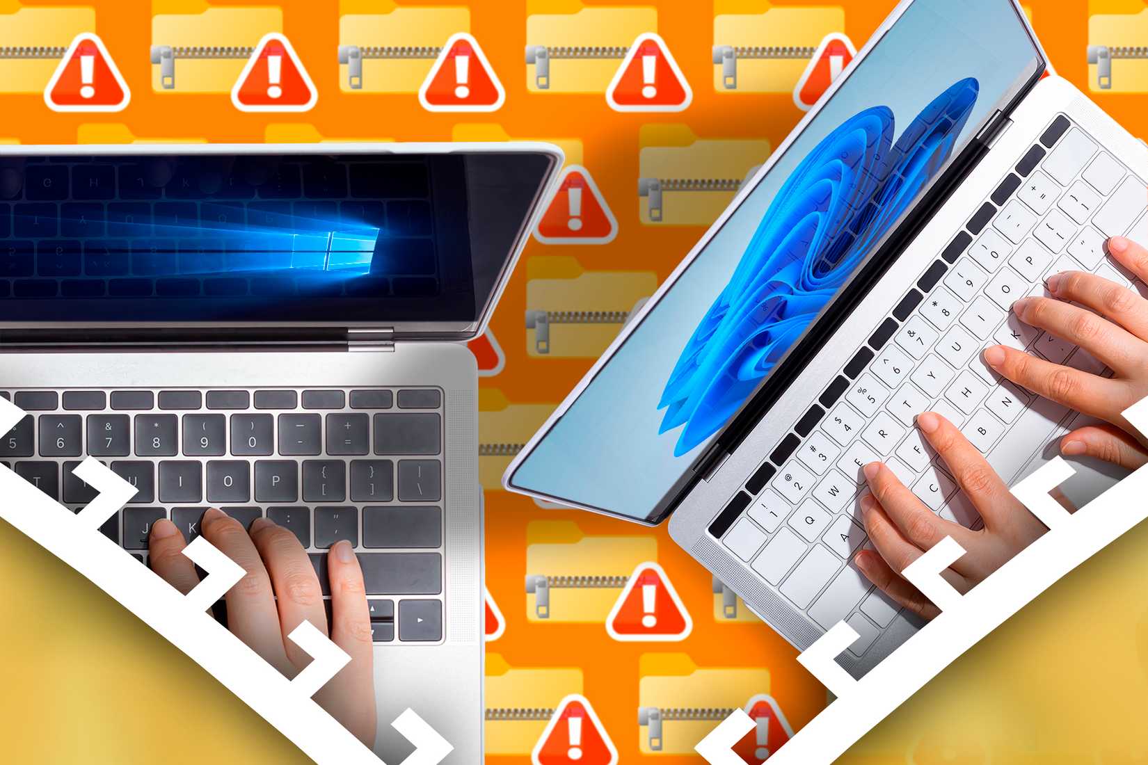 A laptop with Windows 10 and another with Windows 11, and several zip file icons with alerts in the background.