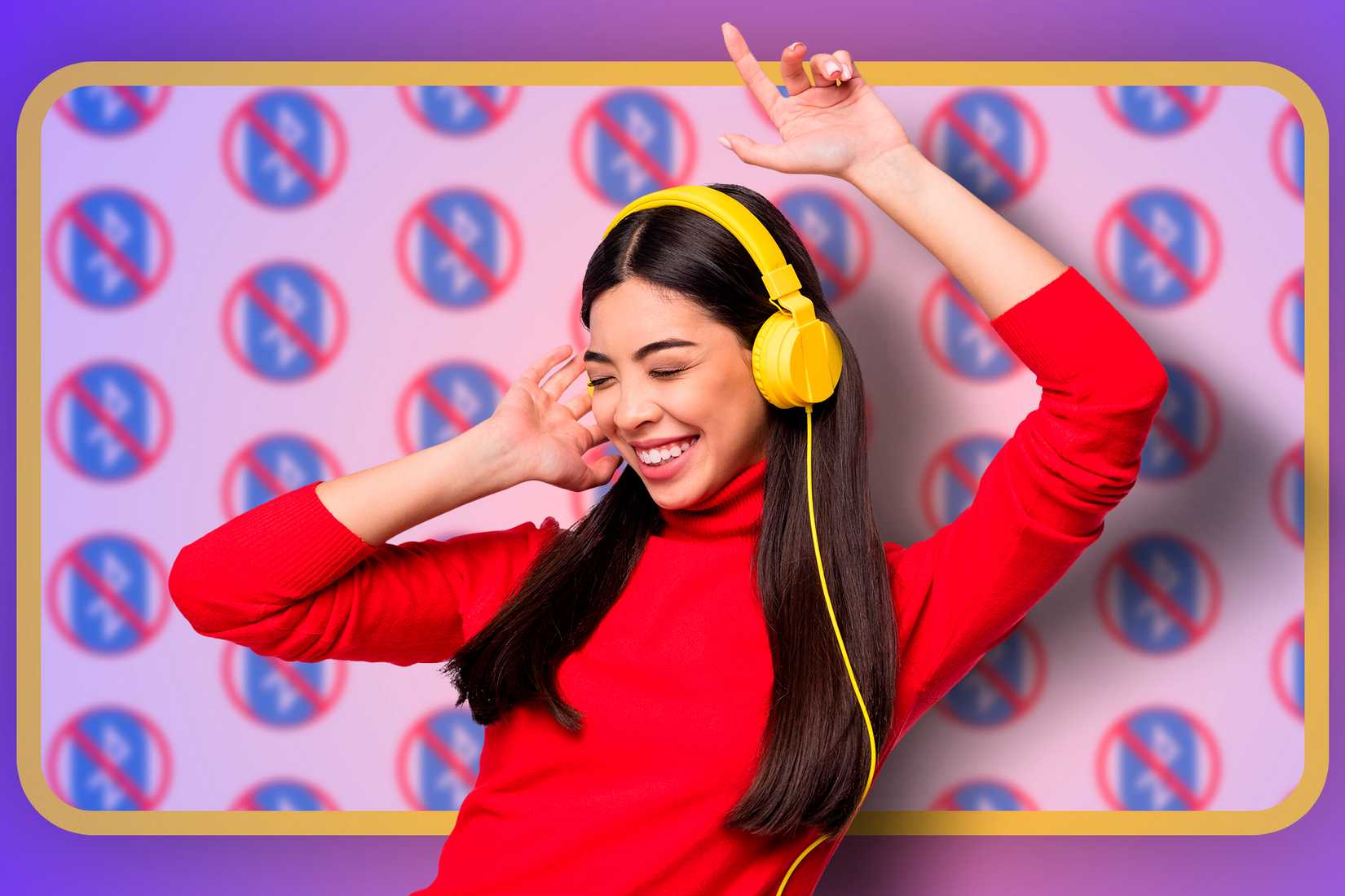 A woman using wired headphones with several 'no Bluetooth' icons in the background.