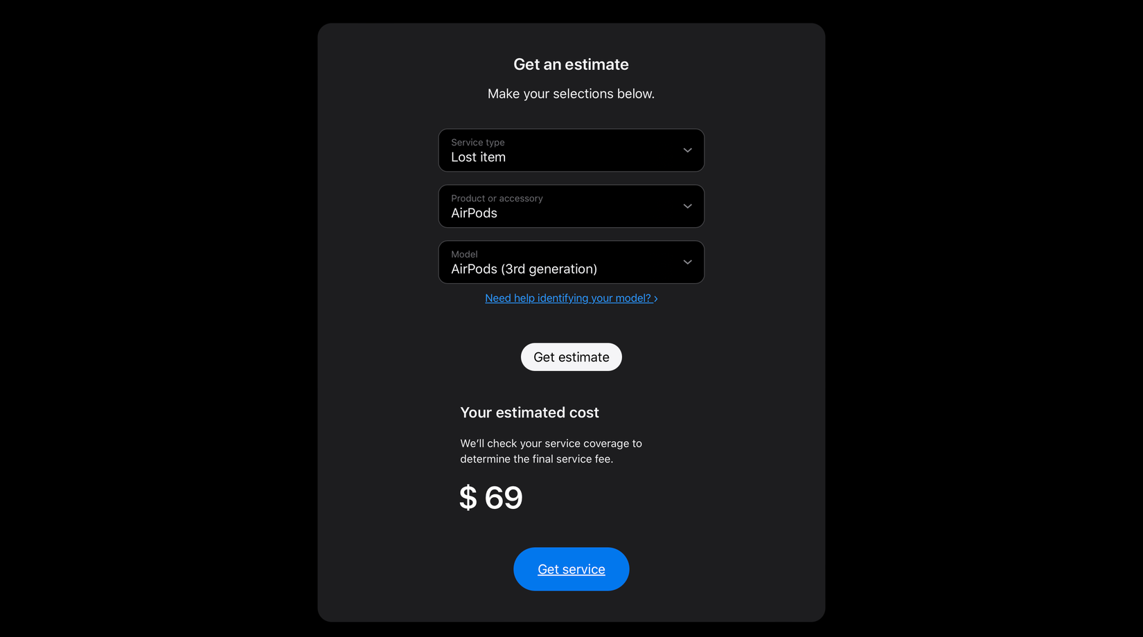 Apple's Get an Estimate tool page showing the replacement cost for AirPods 3rd Generation