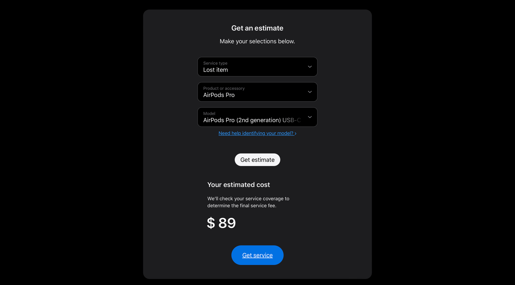 Apple's Get an Estimate tool page showing the replacement cost for AirPods Pro 2nd generation