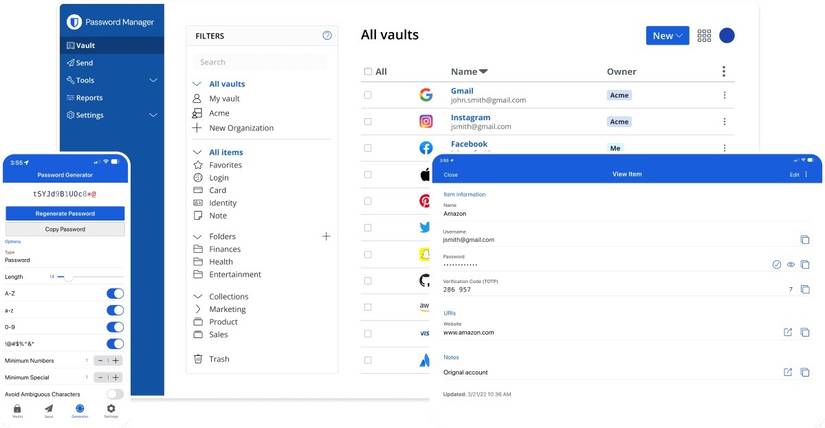 Bitwarden mobile and desktop apps.