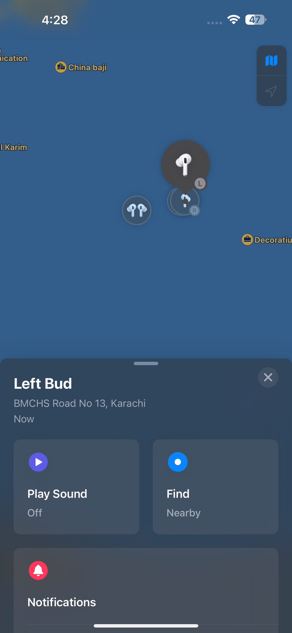 Different options to track the left AirPod using the Find My app on an iPhone