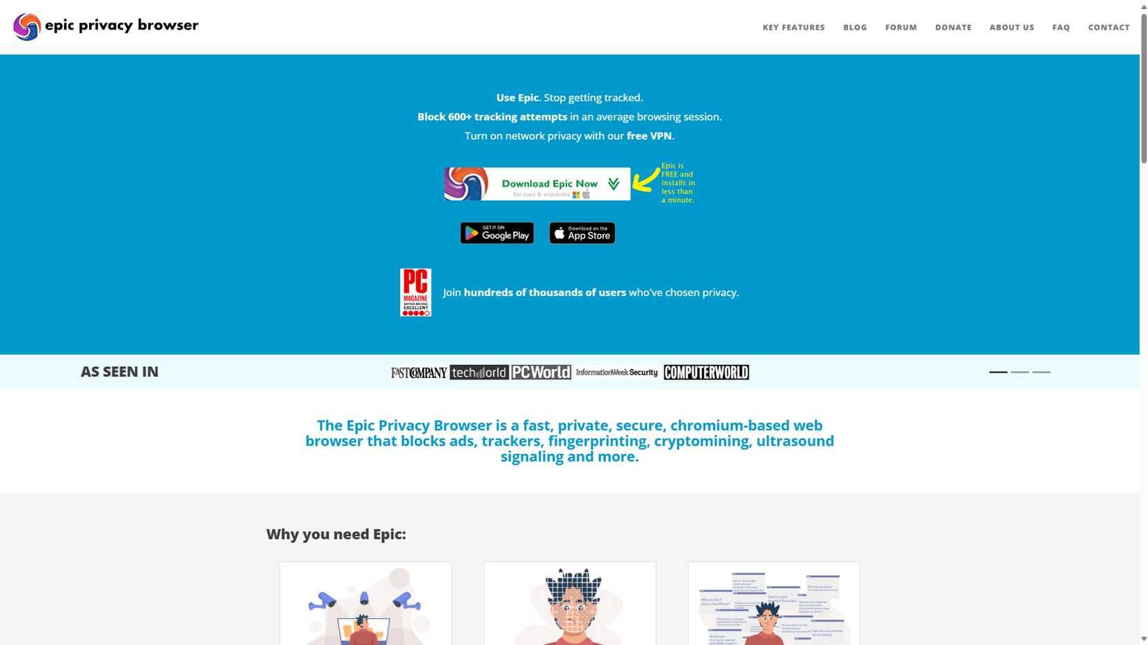 epic privacy browser home page