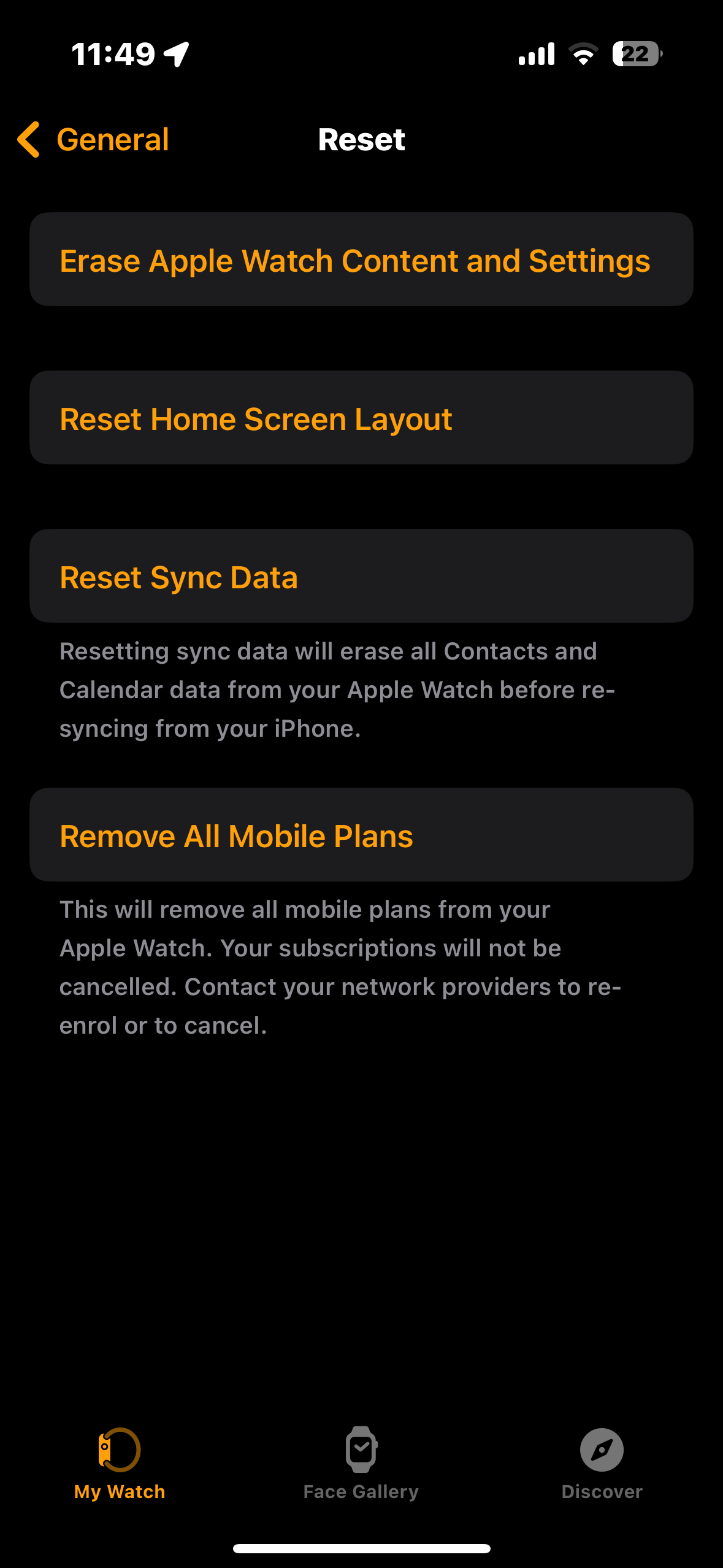 Apple Watch reset all content and settings screenshots