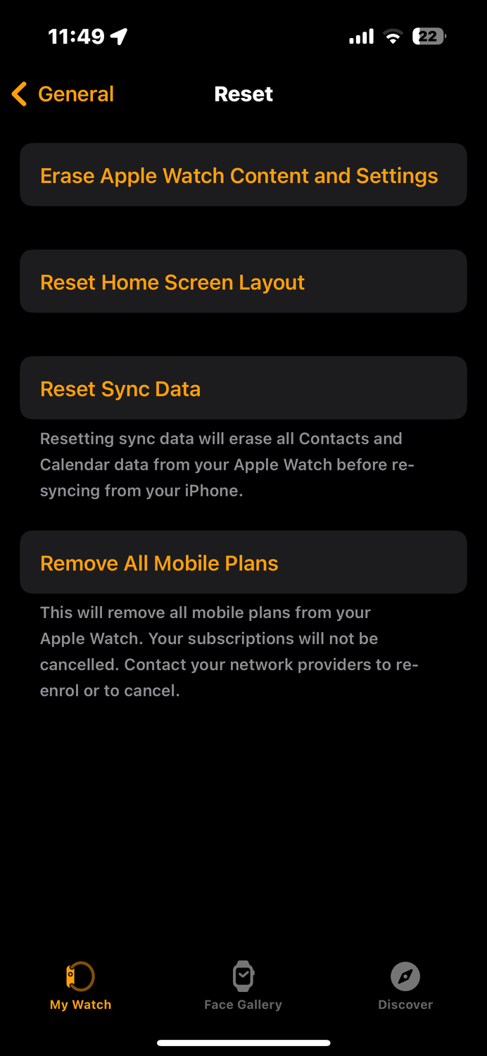 Apple Watch reset all content and settings screenshots