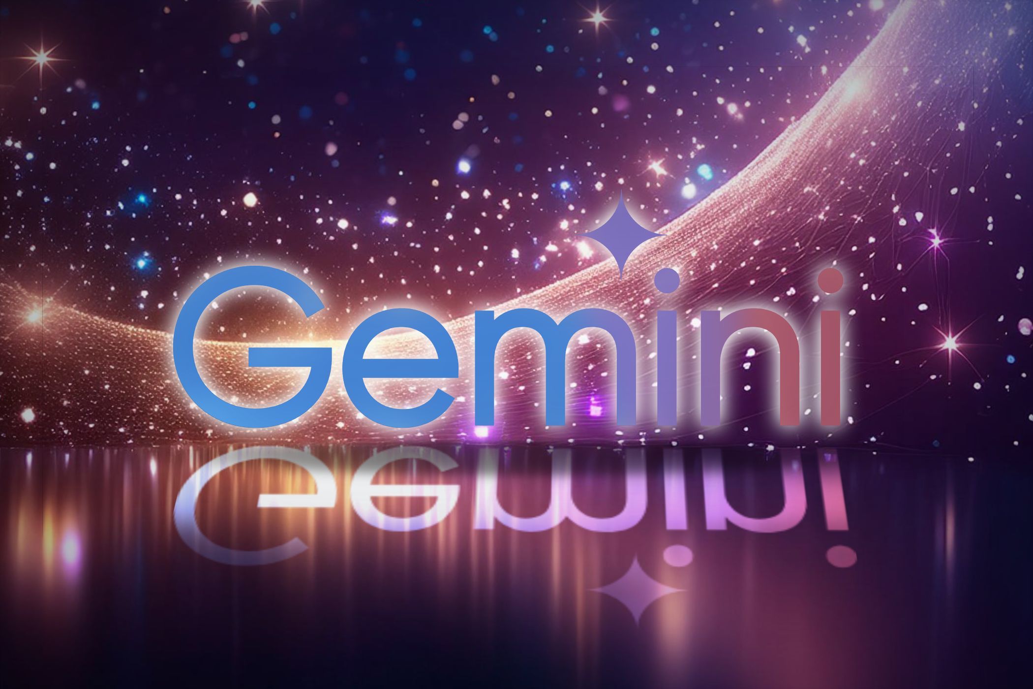 Gemini logo with a sparkling, starry background, reflecting in water, evoking a sense of magic and elegance.