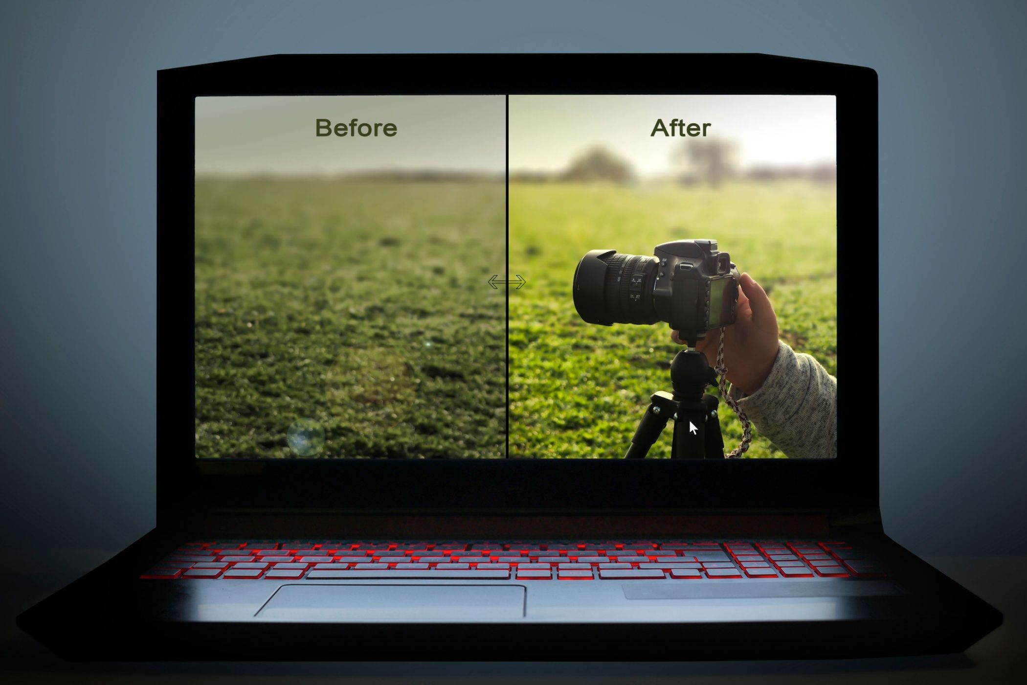 Black Laptop Displaying Before and After Photo of Grass
