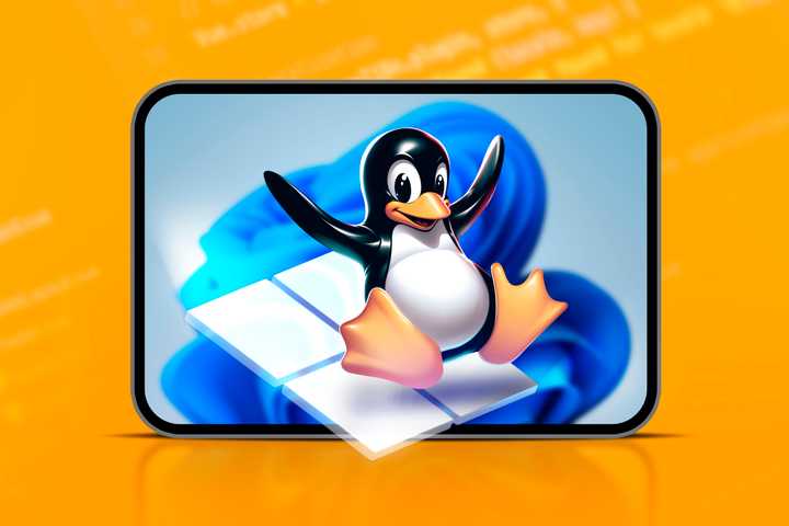 Linux mascot coming out from Windows logo and Windows 11 screen behind it.