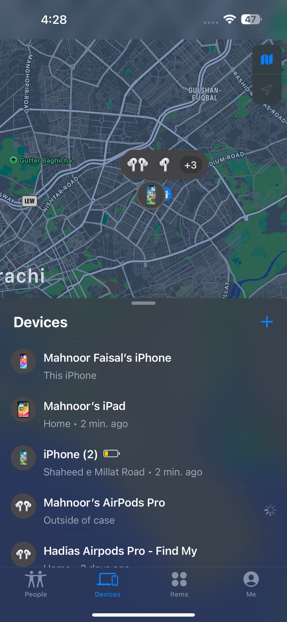List of devices in the Find My app on an iPhone