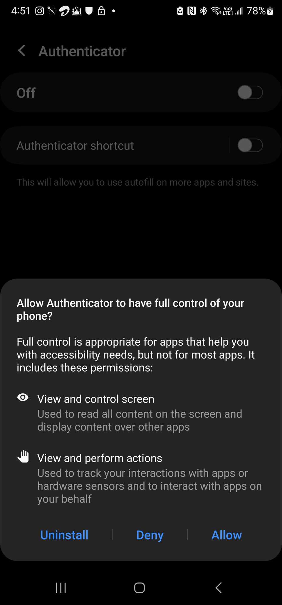 Allow Authenticator to have full control of your phone screen appearing on Android 