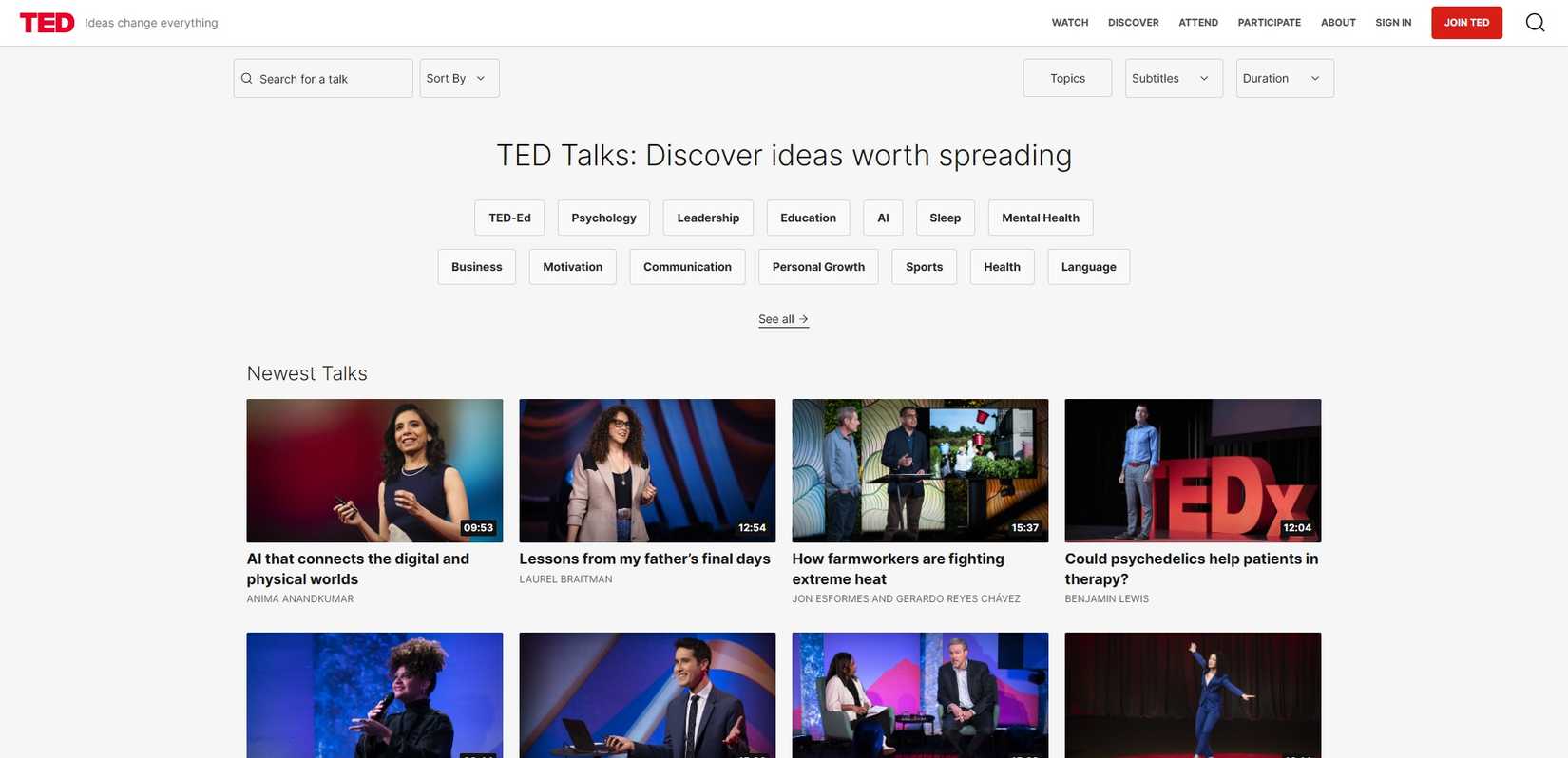 página de inicio de ted talks julio de 2024