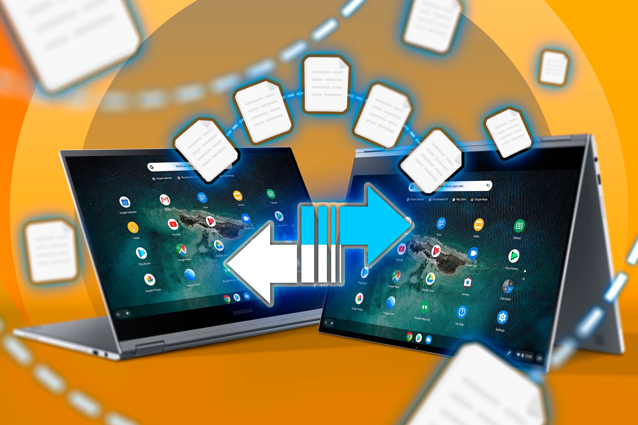 Two Chromebooks side by side with data being transferred from one to the other.