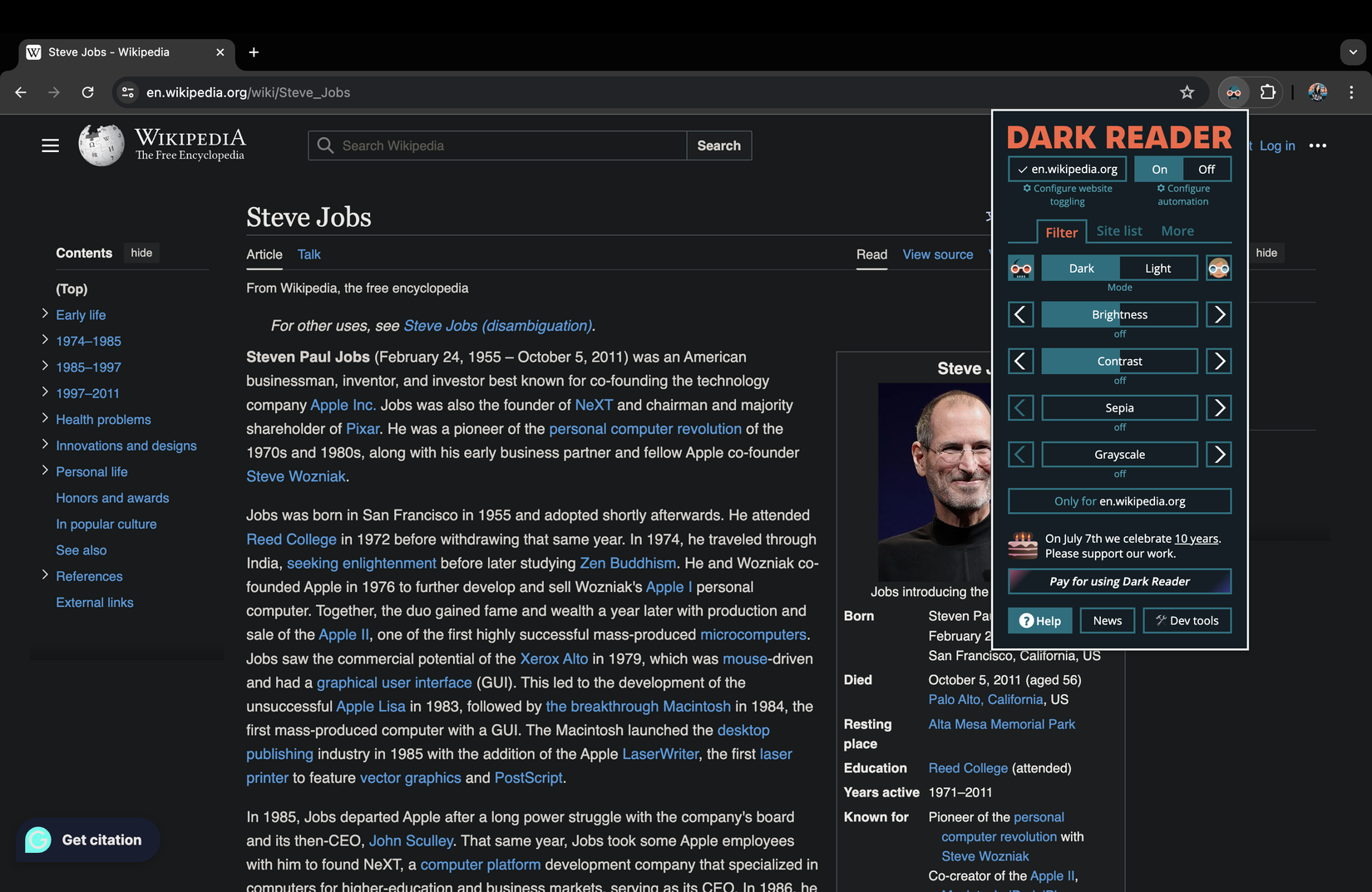 Using Dark Reader on Google Chrome